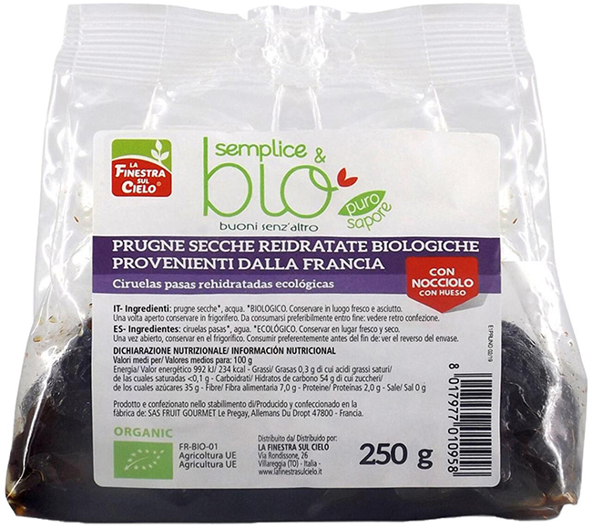 PRUGNE SECCHE REIDRATATE CON NOCCIOLO BIO 250 G - farmascienza.it