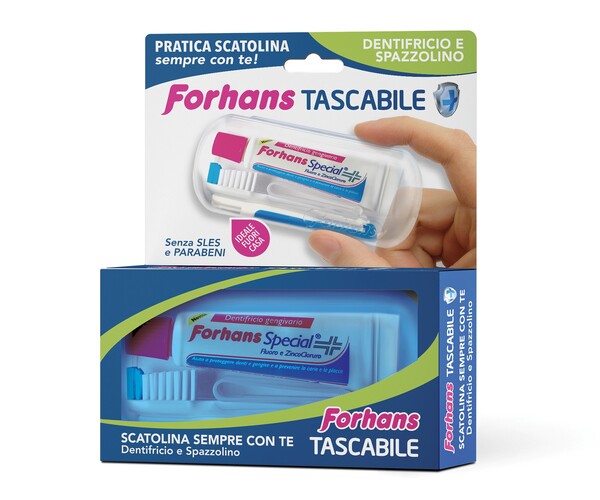 FORHANS TRAVEL KIT TASCABILE COMPOSTO DA SPAZZOLINO DA VIAGGIO + FORHANS SPECIAL PASTA DENTIFRICIA TUBETTO 12,5 ML - farmascienza.it