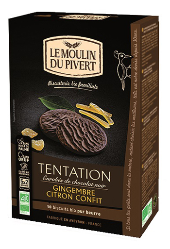 LE MOULIN DU PIVERT TENTATION ALLO ZENZERO E LIMONE RICOPERTI CON CIOCCOLATO FONDENTE BIO SENZA LIEVITO DI BIRRA 130 G - farmascienza.it