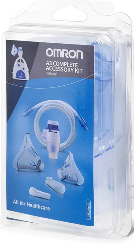 OMRON A3 COMPLETE KIT RICAMBIO AMPOLLA REGOLABILE + TUBO + MASCHERINA PEDIATRICA + MASCHERINA ADULTI + FORCELLE NASALI + BOCCAGLIO - farmascienza.it