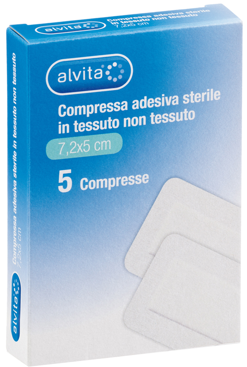 ALVITA GARZA COMPRESSA ADESIVA STERILE IN TESSUTO NON TESSUTO ESTENSIBILE BIANCO 7,2X5CM 5 PEZZI - farmascienza.it