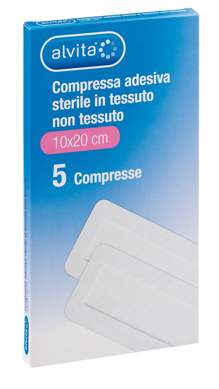 ALVITA GARZA COMPRESSA ADESIVA STERILE IN TESSUTO NON TESSUTO ESTENSIBILE BIANCO 10X20CM 5 PEZZI - farmascienza.it
