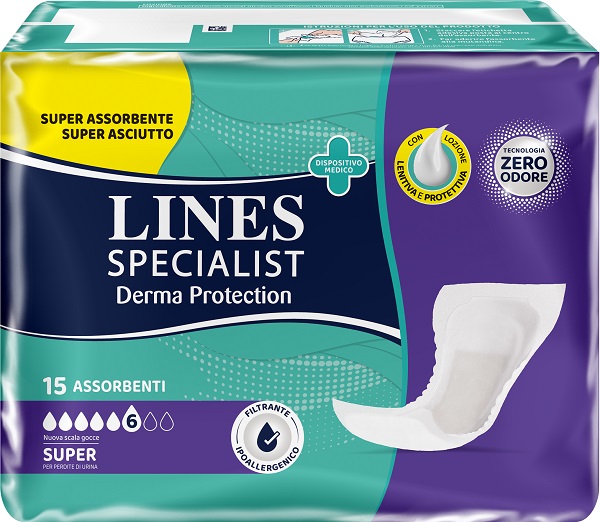 PANNOLONE PER INCONTINENZA LINES SPECIALIST DERMA PROTECTION SAGOMATO ANATOMICO SUPER 15 PEZZI - farmascienza.it