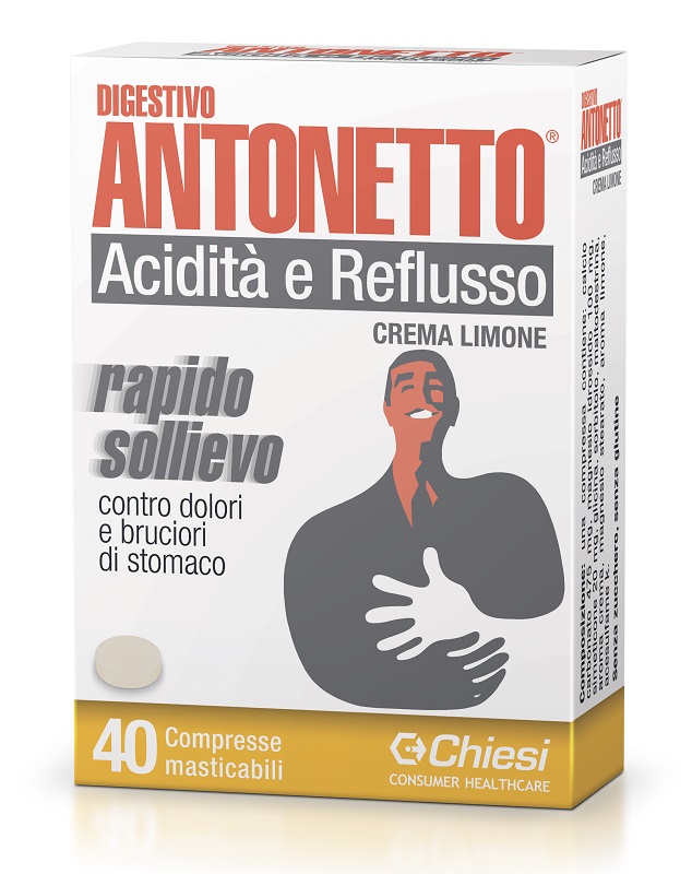 DIGESTIVO ANTONETTO ACIDITA' E REFLUSSO CREMA AL LIMONE 40 COMPRESSE MASTICABILI - farmascienza.it