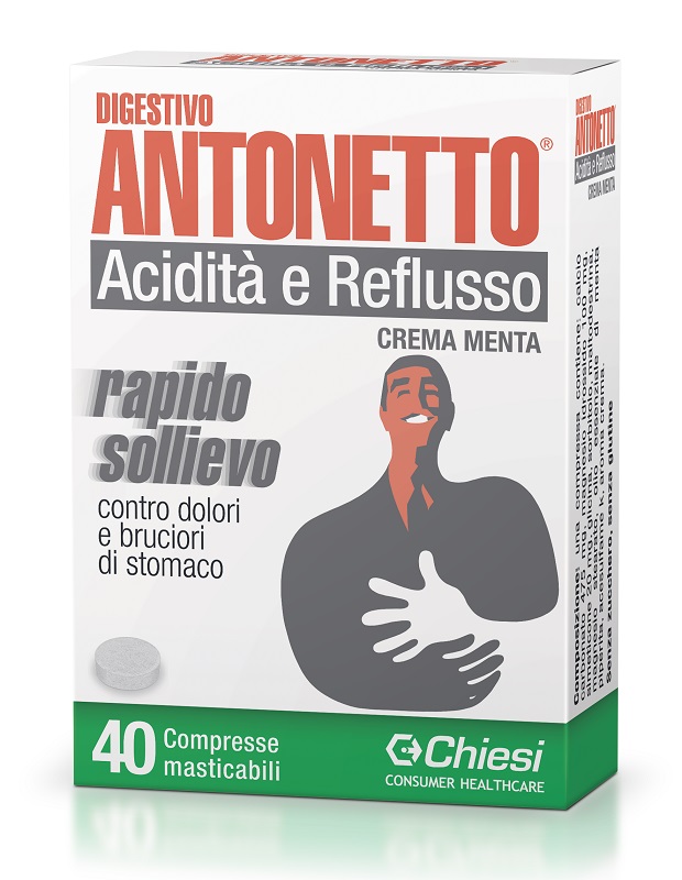 DIGESTIVO ANTONETTO ACIDITA' E REFLUSSO CREMA ALLA MENTA 40 COMPRESSE MASTICABILI - farmascienza.it