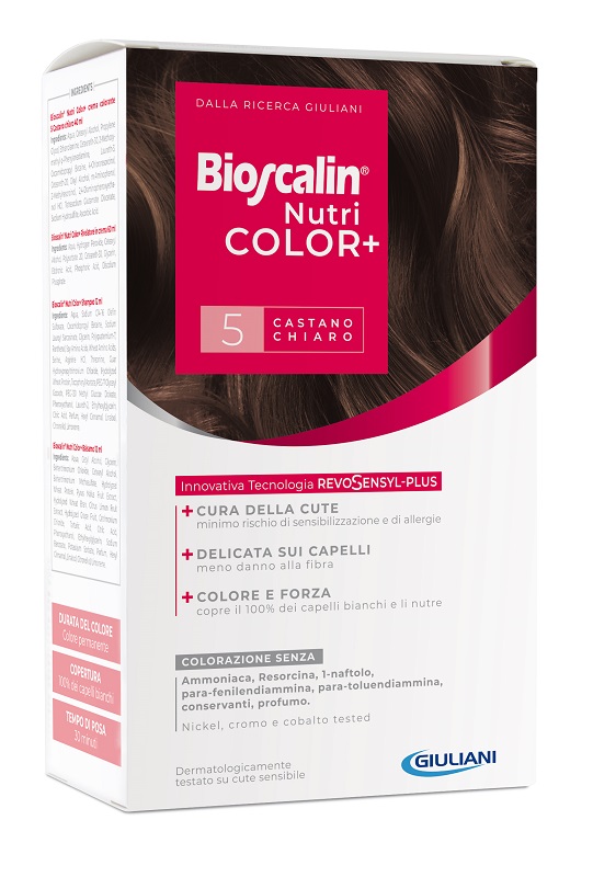 BIOSCALIN NUTRICOLOR PLUS 5 CASTANO CHIARO CREMA COLORANTE 40 ML + RIVELATORE CREMA 60 ML + SHAMPOO 12 ML + TRATTAMENTO FINALE BALSAMO 12 ML - farmascienza.it