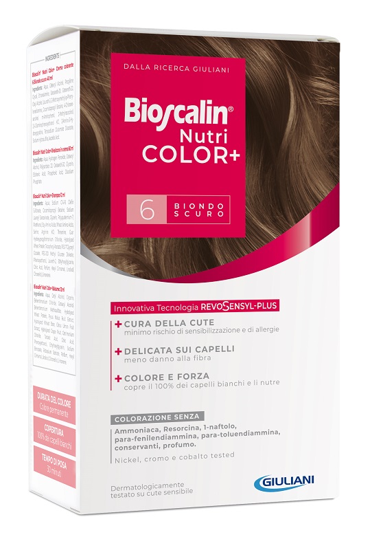 BIOSCALIN NUTRICOLOR PLUS 6 BIONDO SCURO CREMA COLORANTE 40 ML + RIVELATORE CREMA 60 ML + SHAMPOO 12 ML + TRATTAMENTO FINALE BALSAMO 12 ML - farmascienza.it
