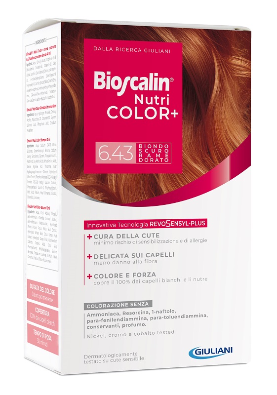 BIOSCALIN NUTRICOLOR PLUS 6,43 BIONDO SCURO RAME DORATO CREMA COLORANTE 40 ML + RIVELATORE CREMA 60 ML + SHAMPOO 12 ML + TRATTAMENTO FINALE BALSAMO 12 ML - farmascienza.it
