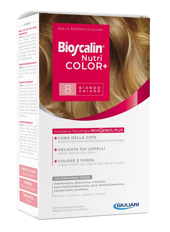 BIOSCALIN NUTRICOLOR PLUS 8 BIONDO CHIARO CREMA COLORANTE 40 ML + RIVELATORE CREMA 60 ML + SHAMPOO 12 ML + TRATTAMENTO FINALE BALSAMO 12 ML - farmascienza.it