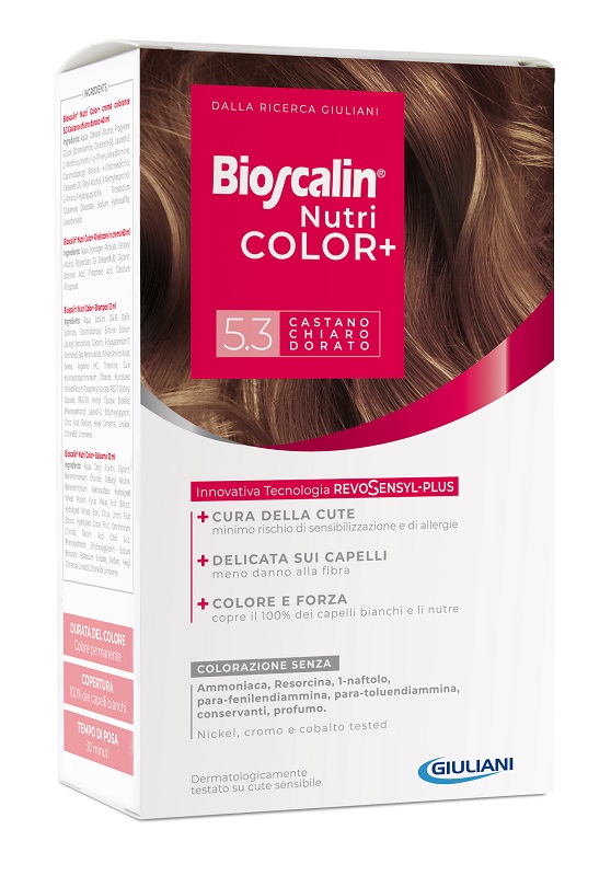 BIOSCALIN NUTRICOLOR PLUS 5,3 CASTANO CHIARO DORATO CREMA COLORANTE 40 ML + RIVELATORE CREMA 60 ML + SHAMPOO 12 ML + TRATTAMENTO FINALE BALSAMO 12 ML - farmascienza.it