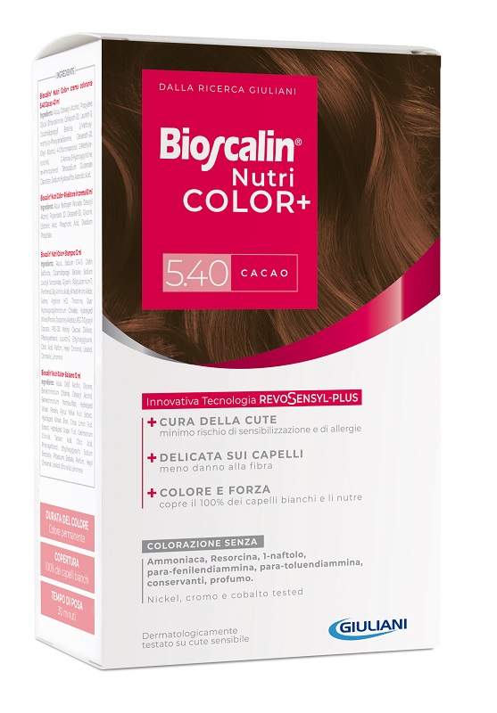 BIOSCALIN NUTRICOLOR PLUS 5,40 CACAO CREMA COLORANTE 40 ML + RIVELATORE CREMA 60 ML + SHAMPOO 12 ML + TRATTAMENTO FINALE BALSAMO 12 ML - farmascienza.it