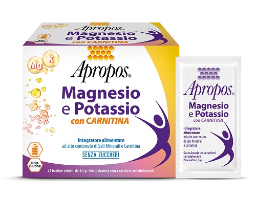 APROPOS MAGNESIO E POTASSIO CON CARNITINA 24 BUSTINE SOLUBILI DA 3,5 G GUSTO ARANCIA SENZA ZUCCHERI - farmascienza.it